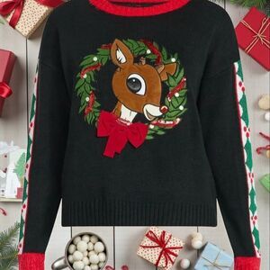 Rudolph Christmas Pullover Sweater Womens 2XL Black Wreath Bow Embellished